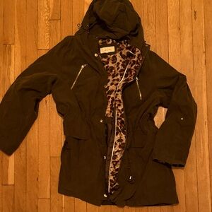 Women's Olive Green Parka Jacket with Leopard Print Lining